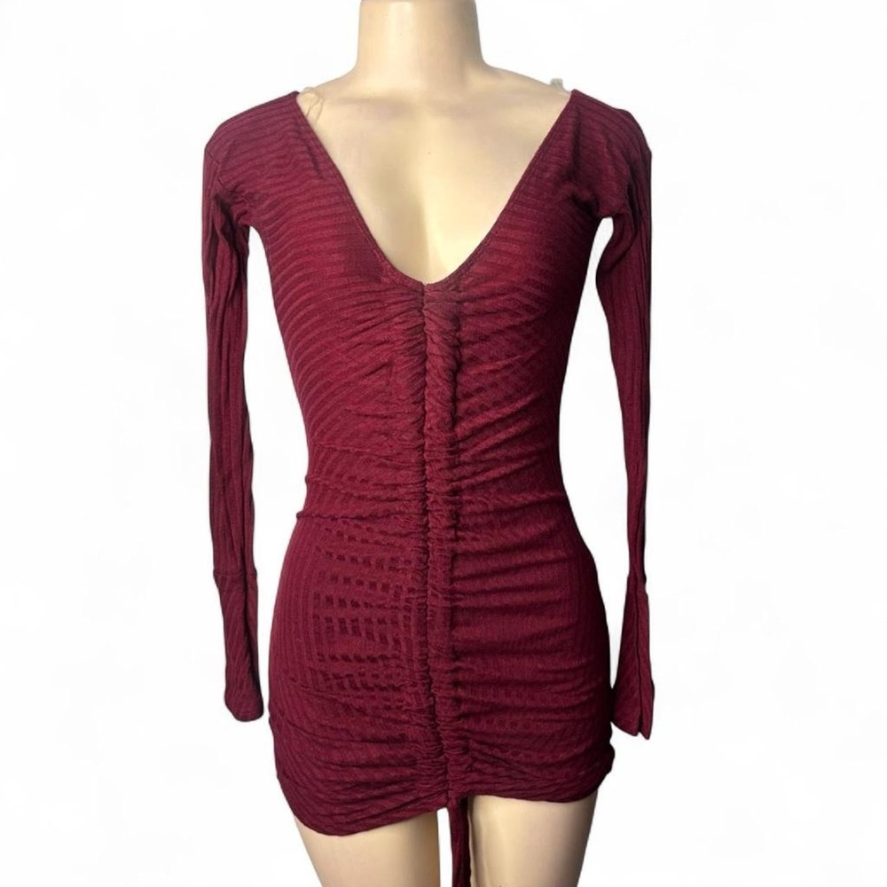 Burgundy Ruched V‑Neck Long Sleeve Bodycon Dress with Bell Sleeves